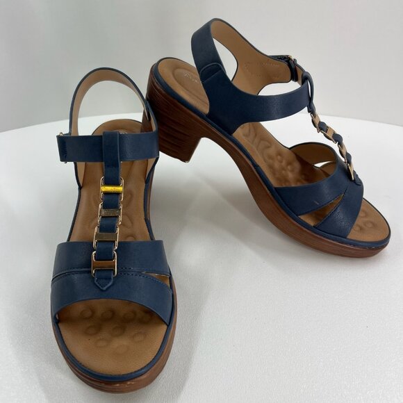 Patrizia Taney Wedge Sandals Womens 9 Comfort T-Strap Slingback Block Heels Blue - Picture 6 of 15